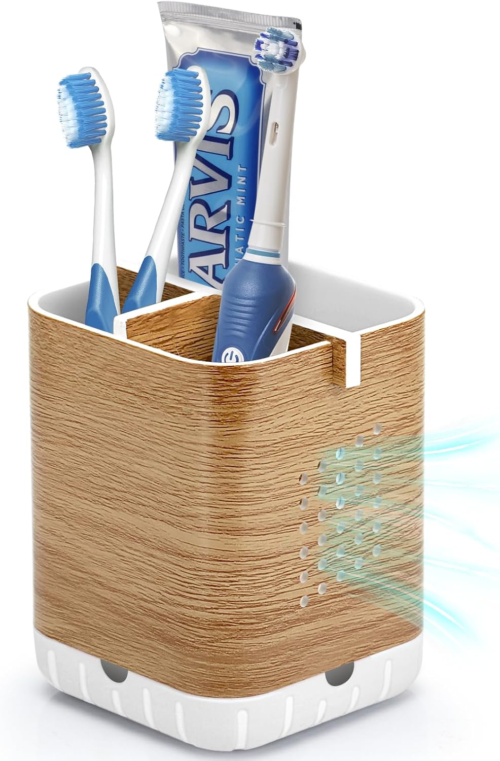 Boperzi Wood Grain Toothbrush Holder with Drainage and Anti-Slip Base