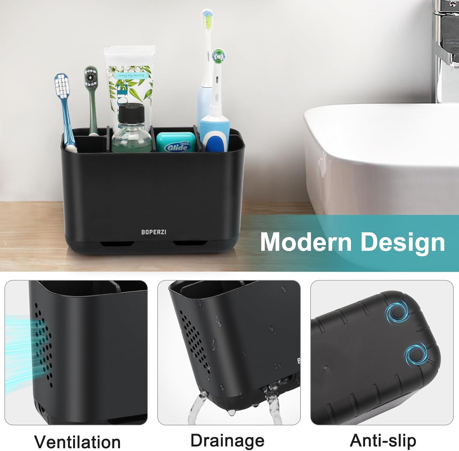 Boperzi 6 Slot Toothbrush Holder with Drainage and Anti-Slip Base Black