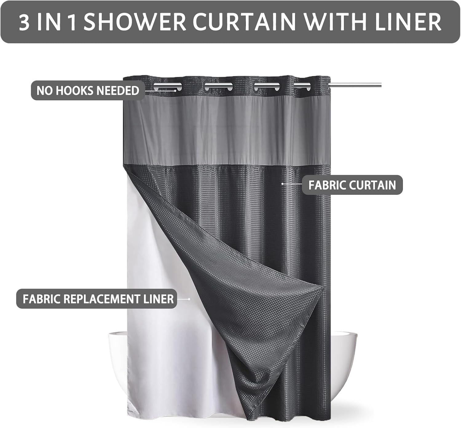 Furlinic No Hook Waffle Weave Shower Curtain Set Dark Grey 54x80 Inch