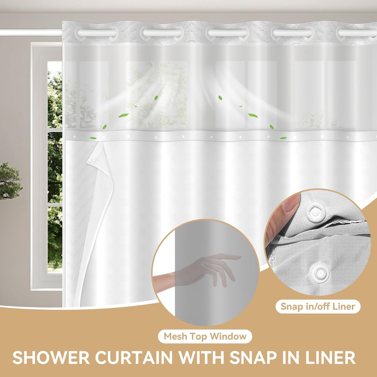 Aikku No Hook Shower Curtain Set with Mesh Top