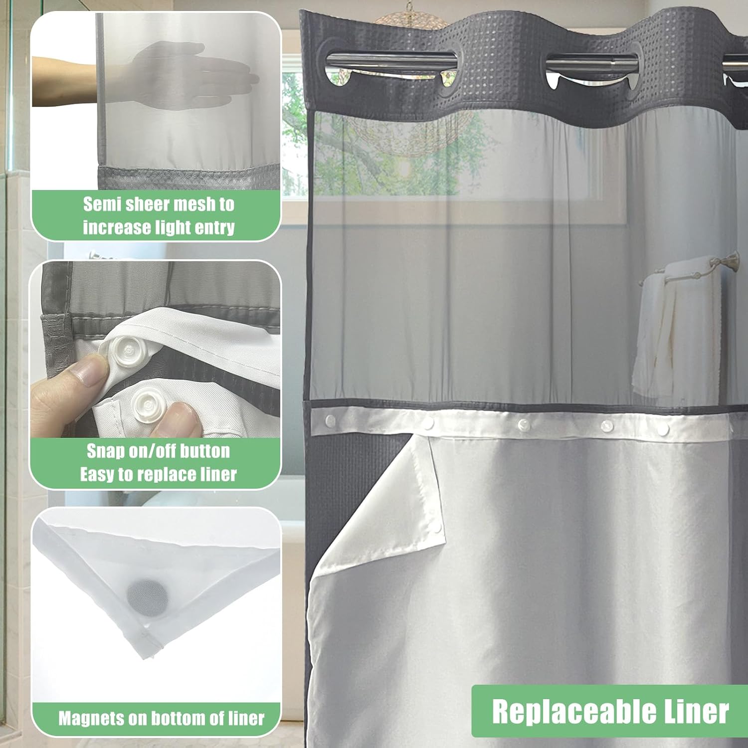 AMM No Hook Waffle Weave Shower Curtain with Snap in Liner Set Gray