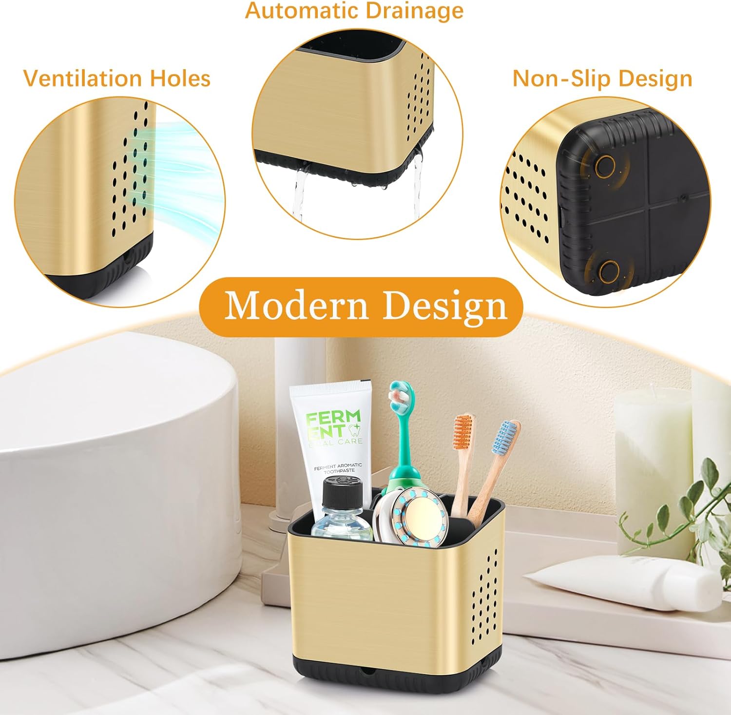 PARKMANI Brushed Gold Toothbrush Holder with Drainage and Ventilation