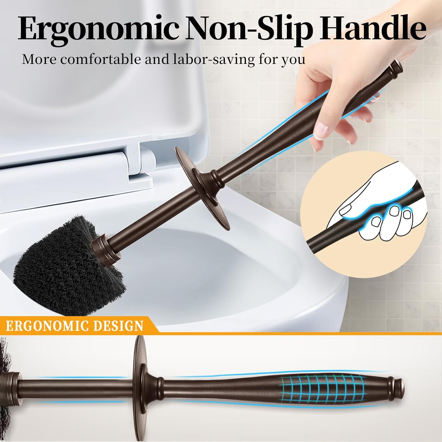 Roleader Toilet Brush Holder Set - 15 Inch Handle with 360 Deep Cleaning
