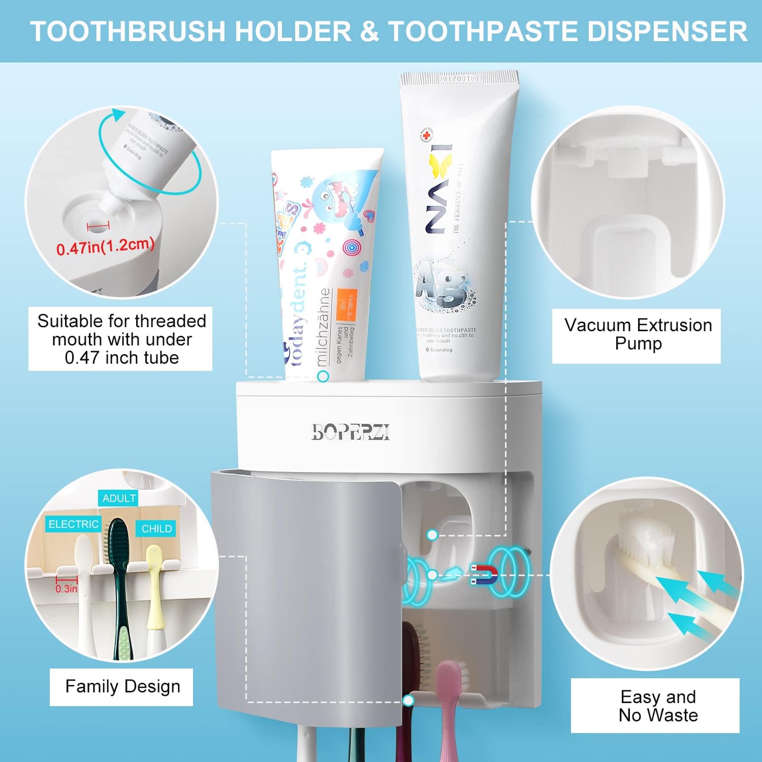 Boperzi Toothbrush Holder with 2 Toothpaste Dispensers and Dustproof Cover