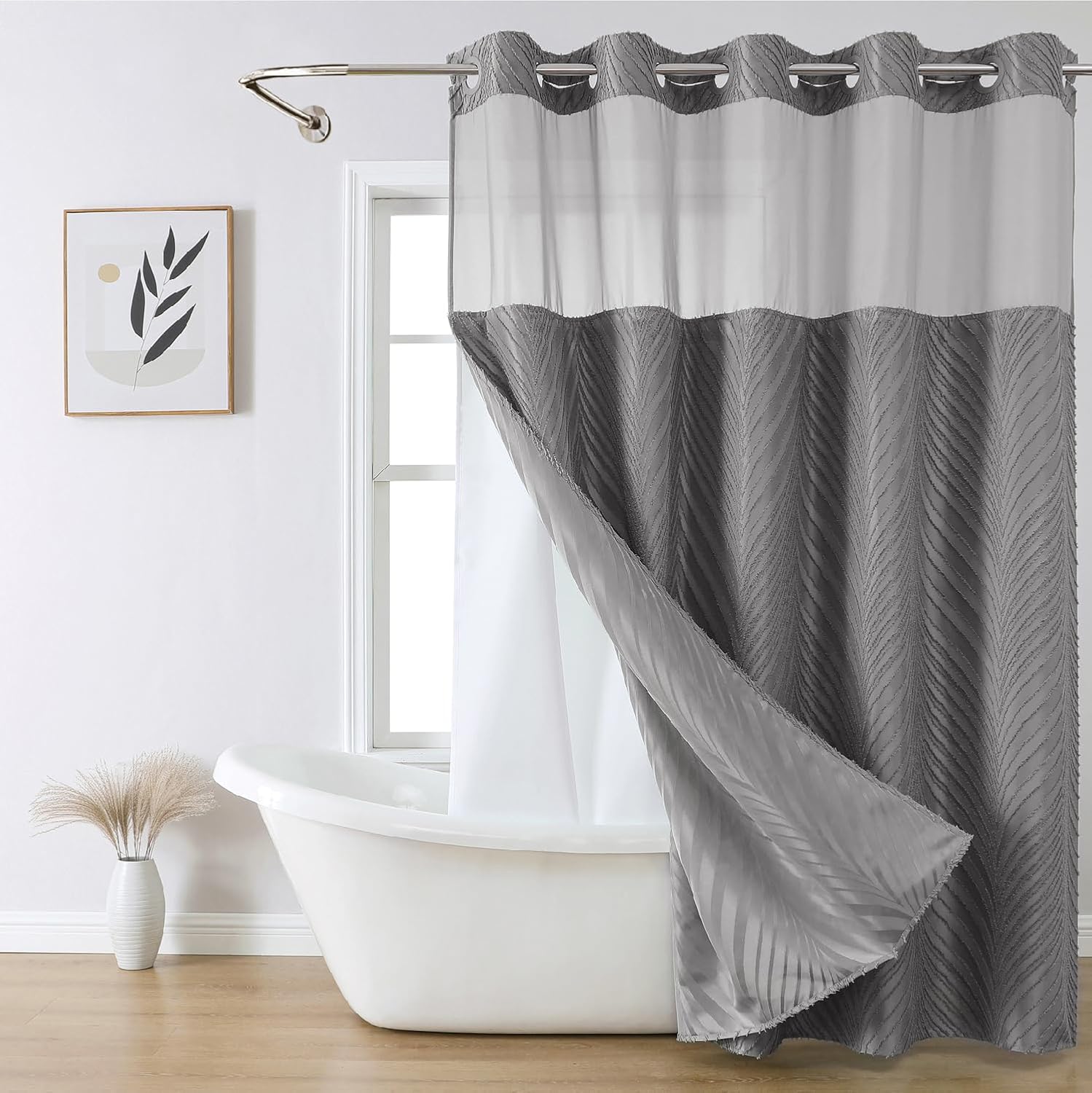 No Hook Boho Shower Curtain Set with Tufted Stripes and Waterproof Liner