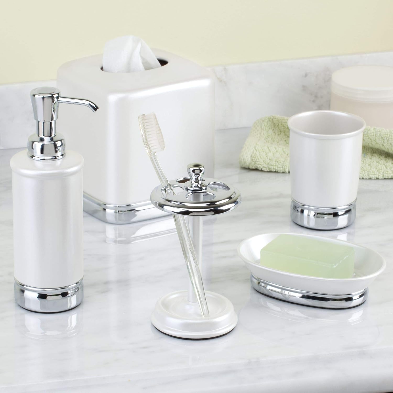 InterDesign York Collection Toothbrush Holder - 4 Slots Chrome Pearl White