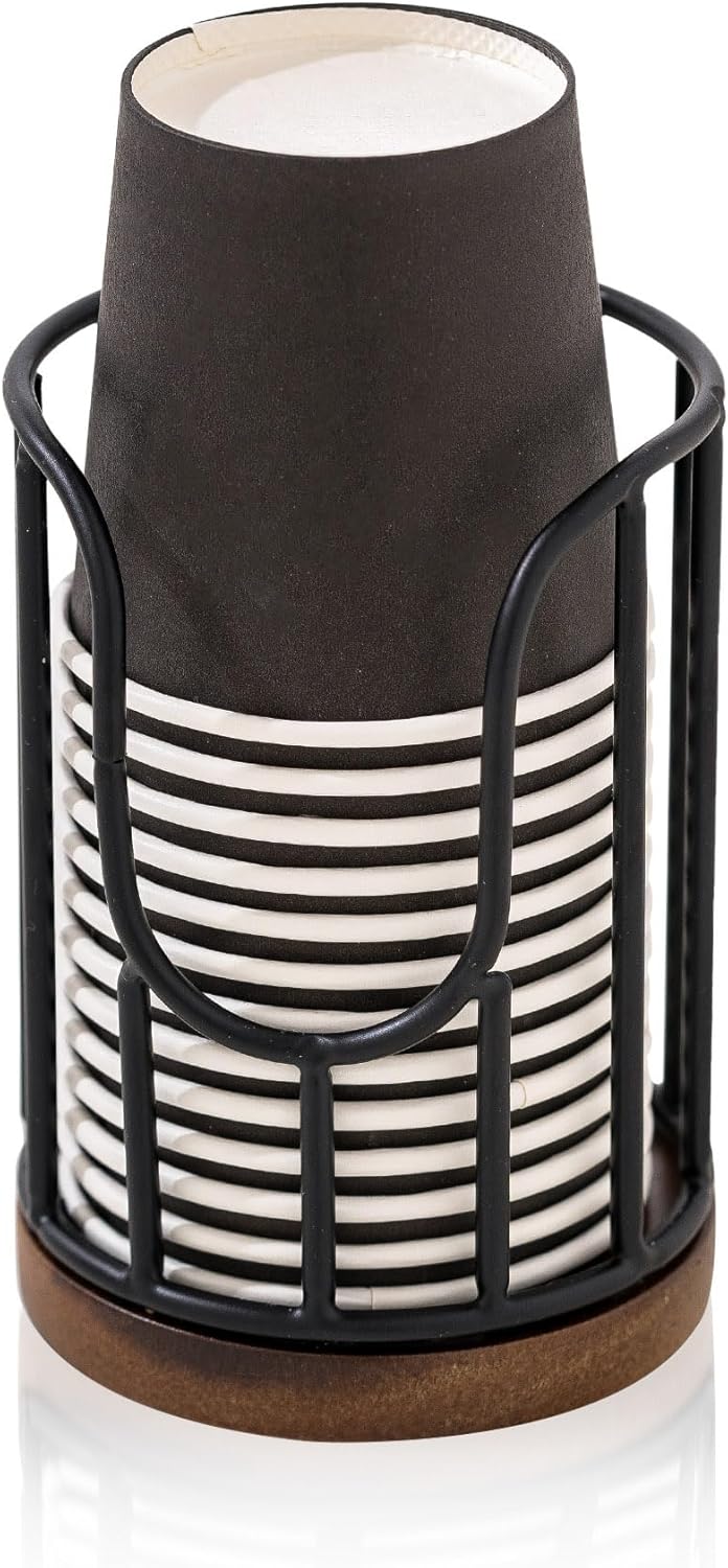 Bathroom Cup Dispenser with Acacia Wood Stand - Black