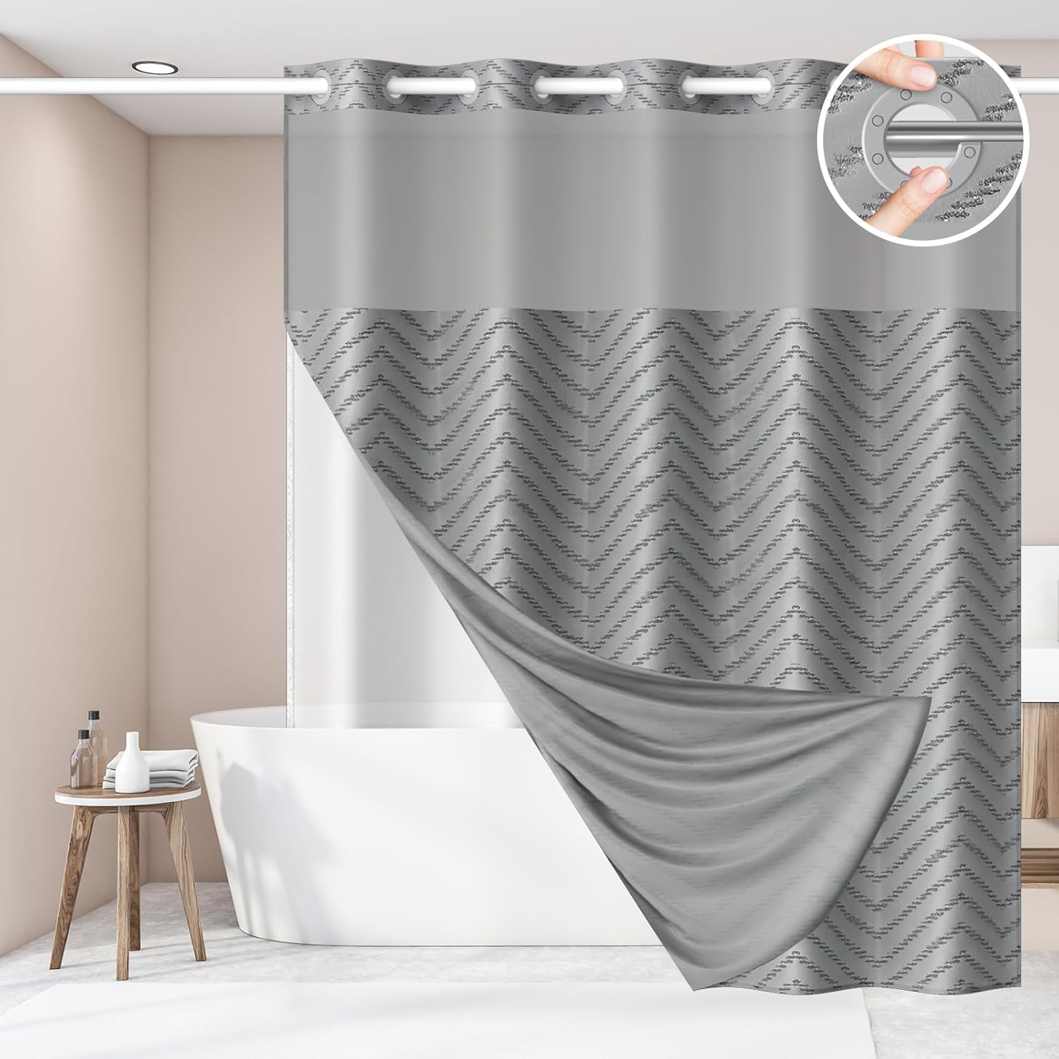 Aikku No Hook Shower Curtain Set Grey Chevron Striped