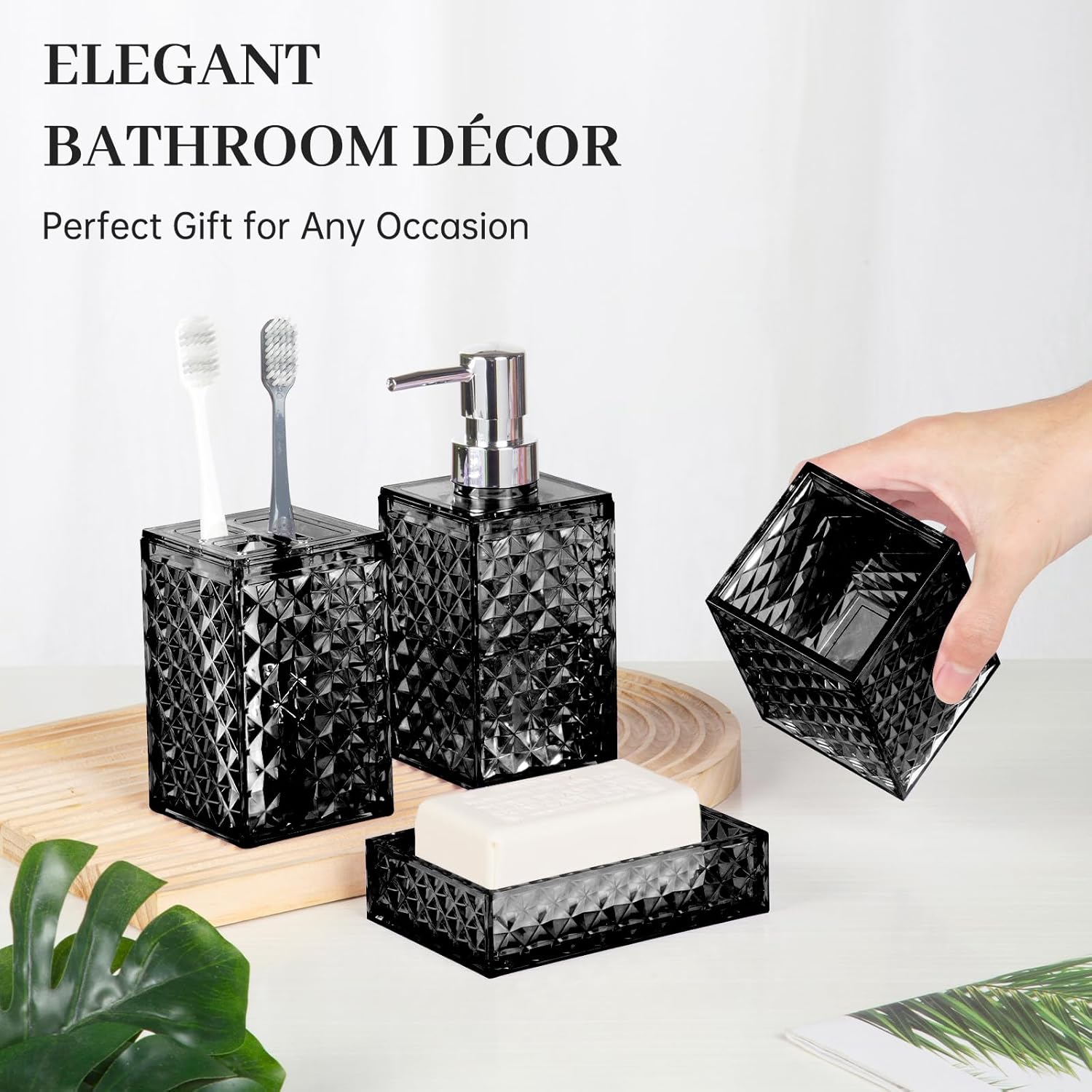 Modern Bathroom Accessory Set with Grid Pattern Black
