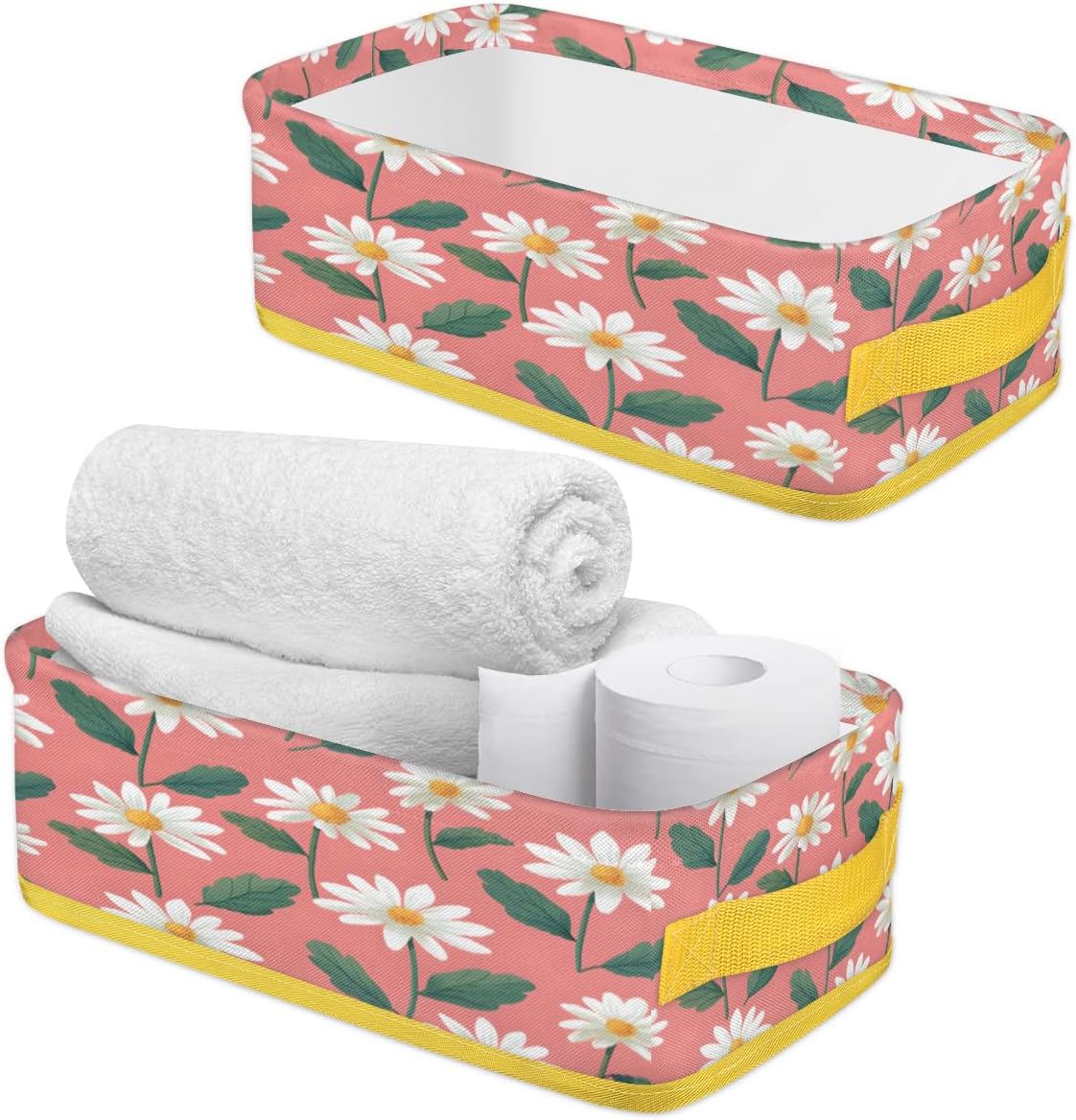 Floral Daisy Toilet Paper Basket with Handle for Bathroom Storage