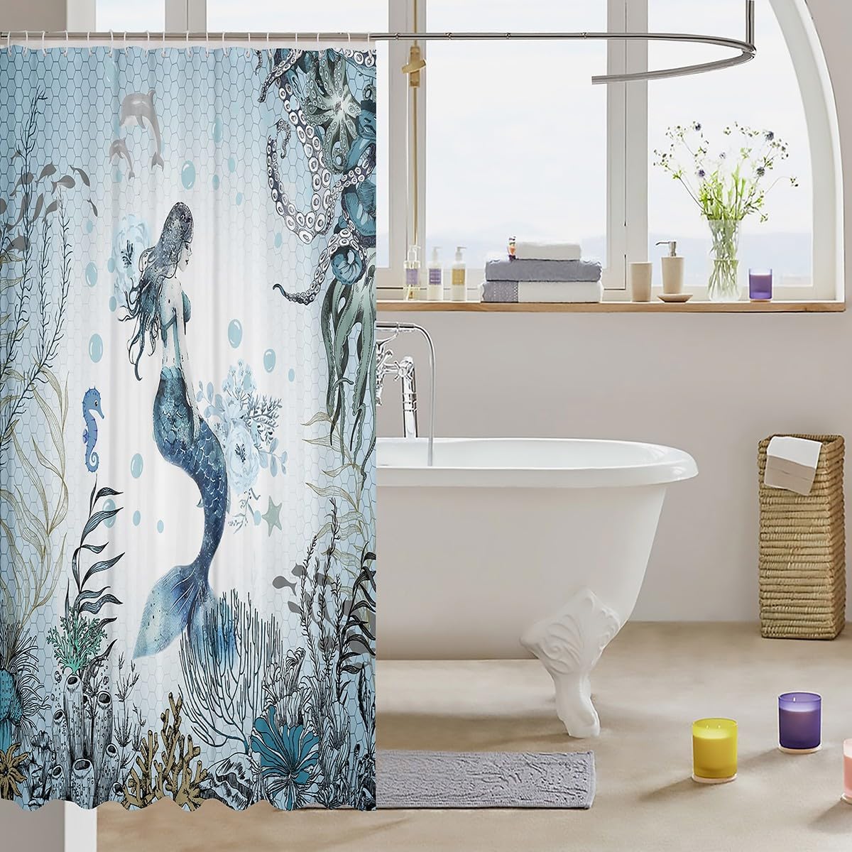 Feelyou Mermaid Shower Curtain 72x72 Waterproof Kids Bathroom Decor