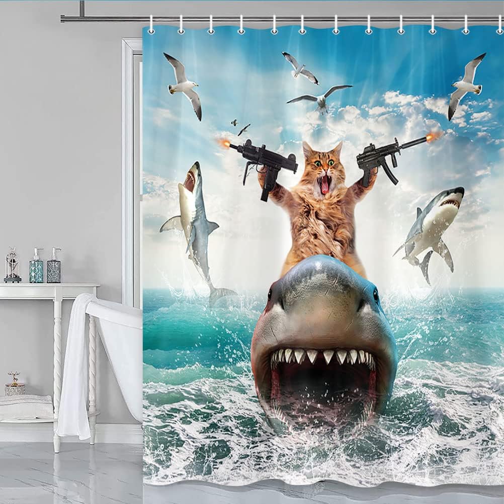 Funny Cat Riding Shark Shower Curtain Set with Hooks