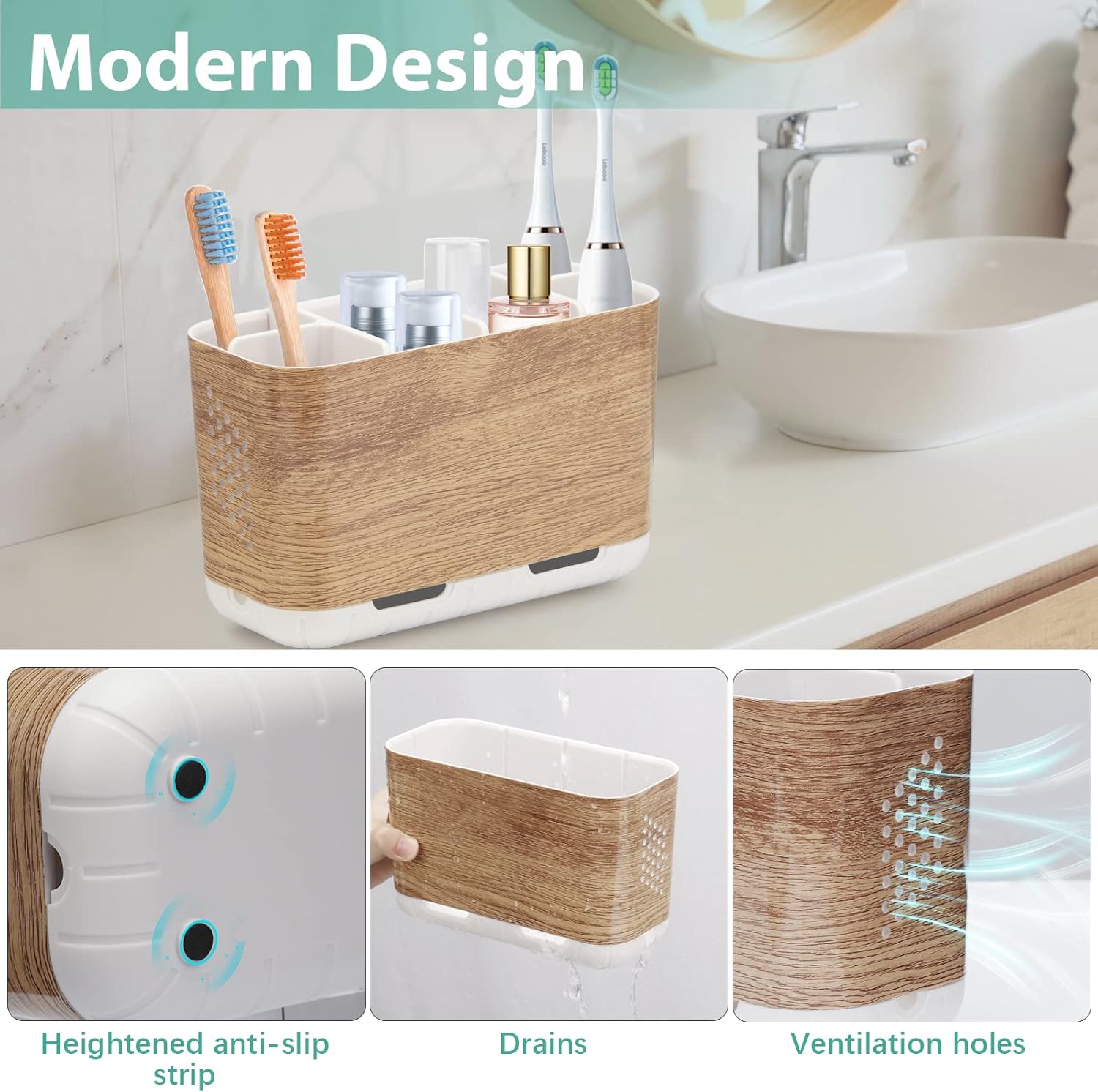 Boperzi Wood Grain Toothbrush Holder with Adjustable Dividers