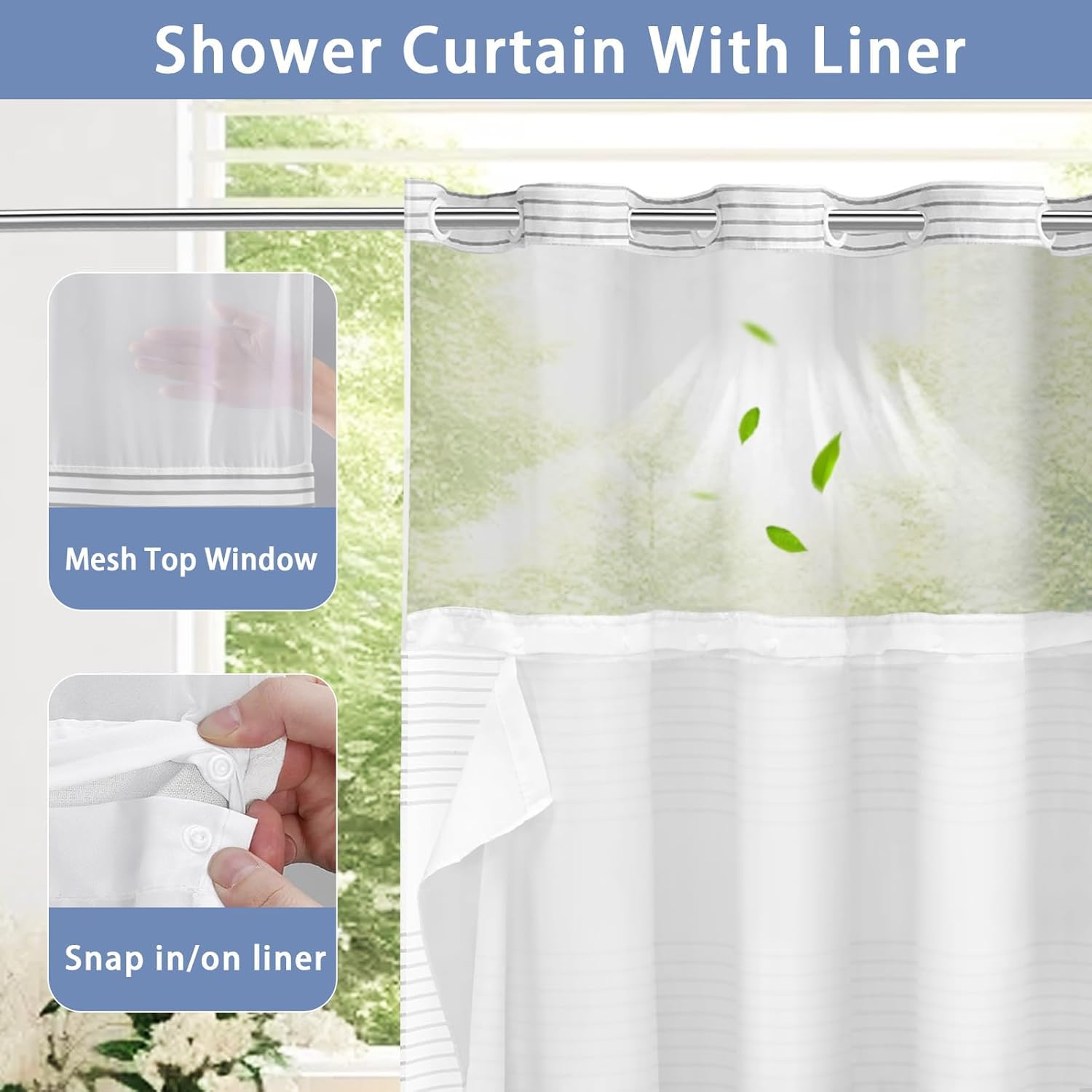 SMTHOM No Hook Shower Curtain Set Gray Boho Striped