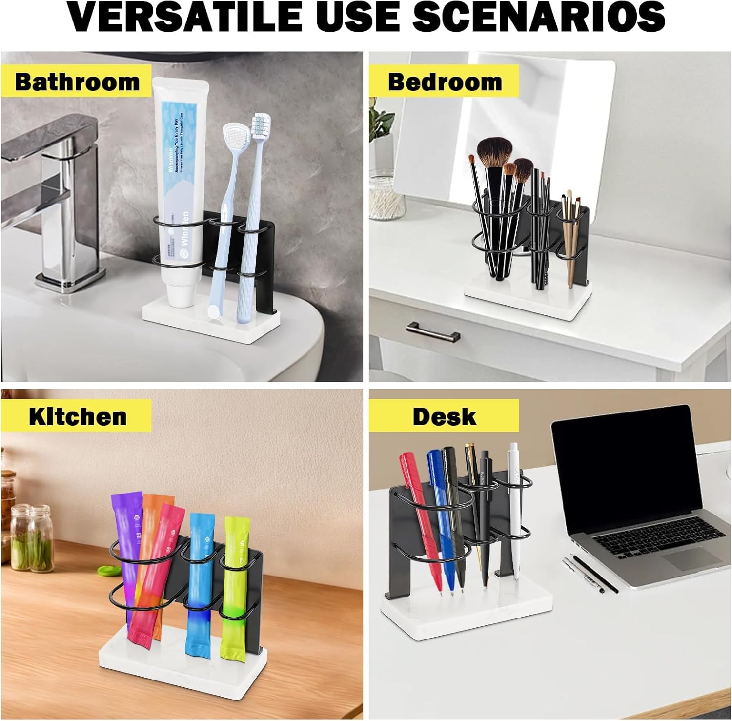 Winmien Toothbrush Holder with Marble Base 3 Slots Matte Black