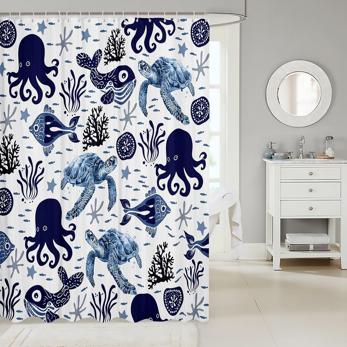 Feelyou Sea Turtle Bath Curtain Set Blue White