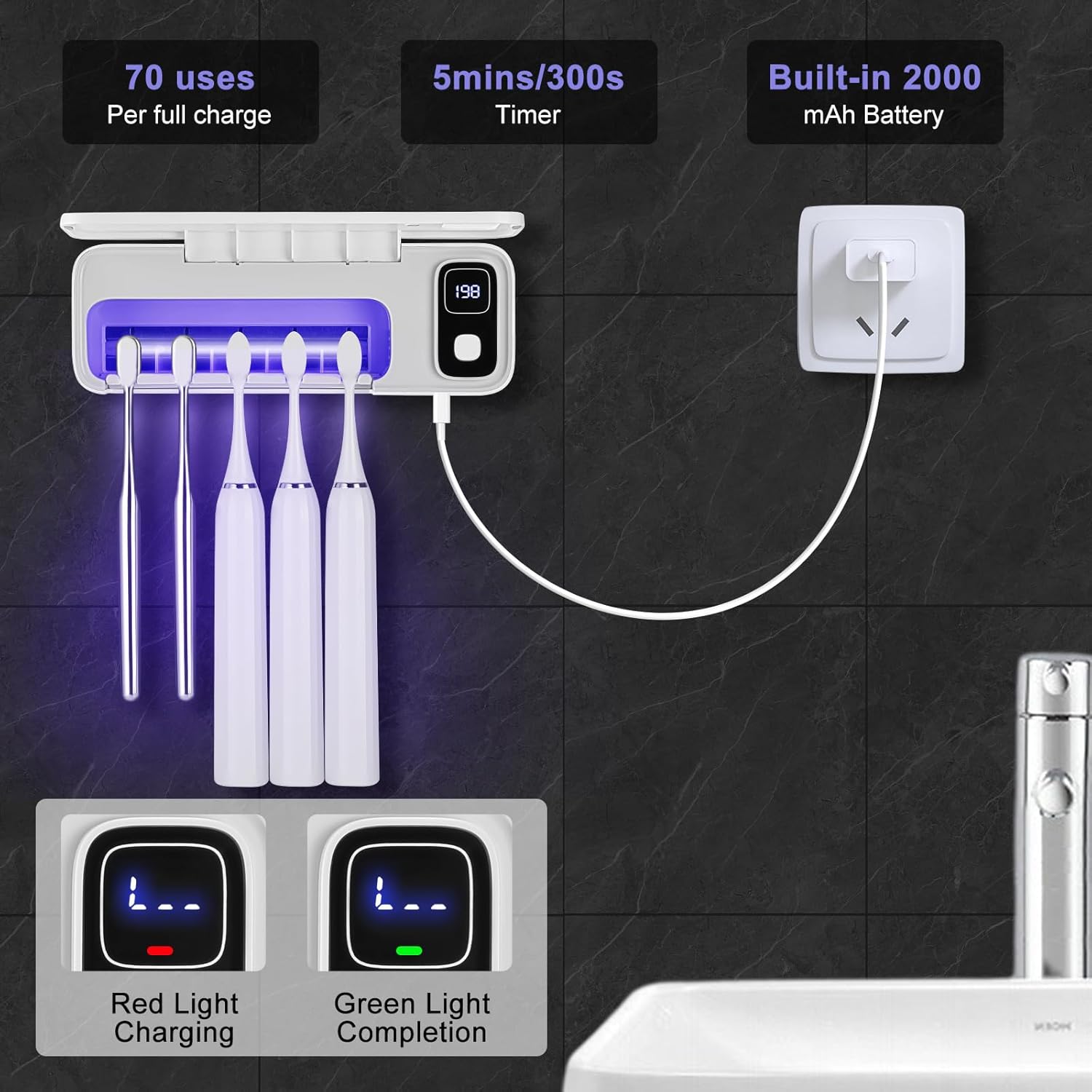 ECTEST Wall Mounted Toothbrush Holder with UV Light 5 Slots Rechargeable Sanitizing Case