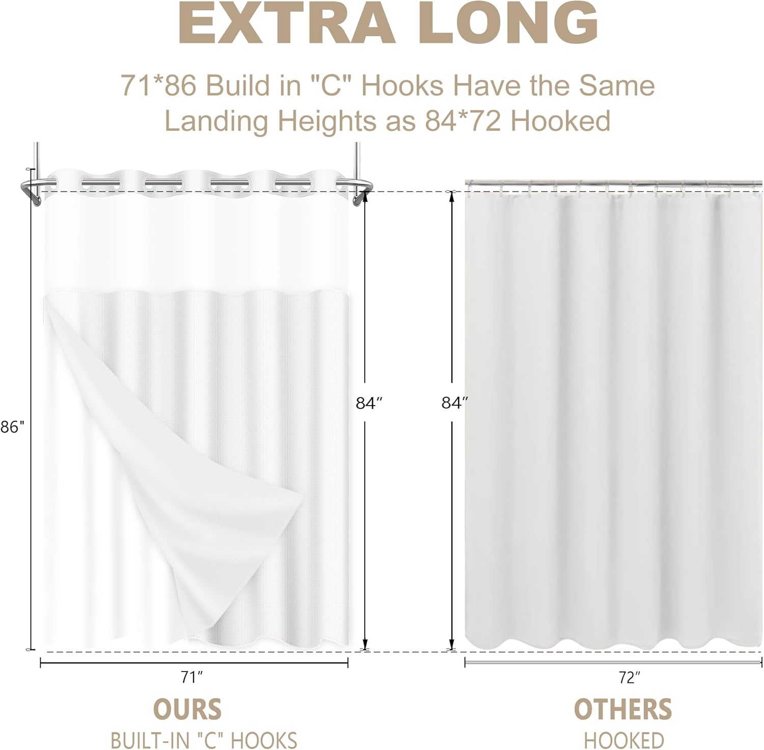 Wyljljy No Hook Shower Curtain Set 71x86 White Waffle