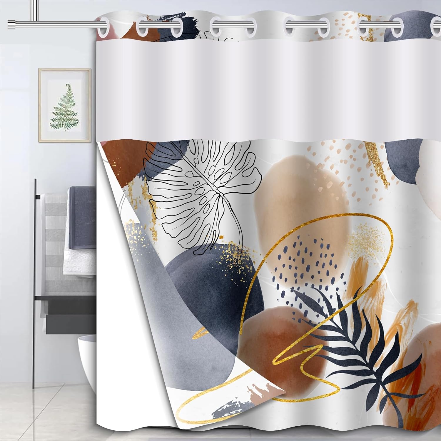 Boho Style Waterproof Shower Curtain with Mesh Top 71x74 In