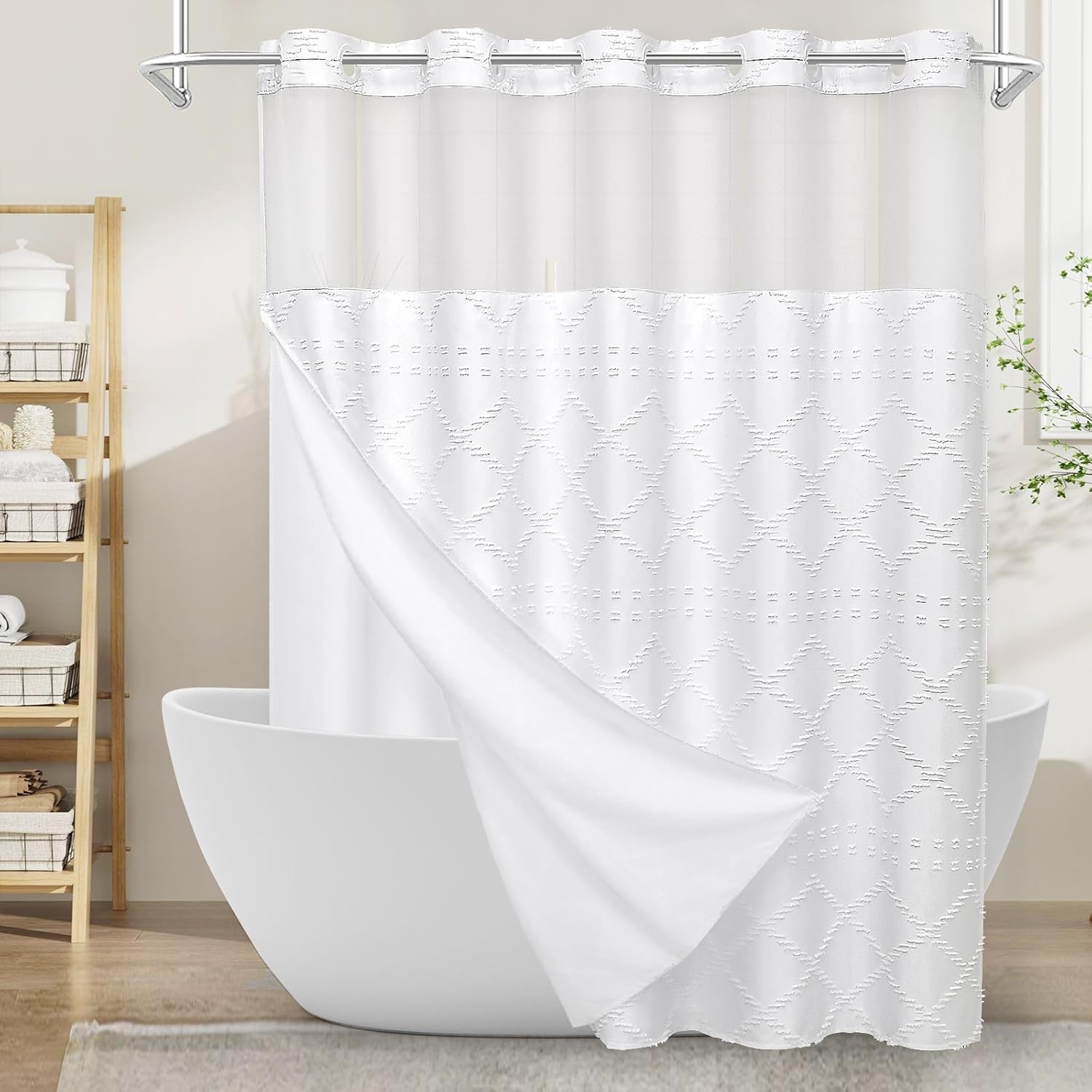 Boho White Woven Chevron Shower Curtain 72x74
