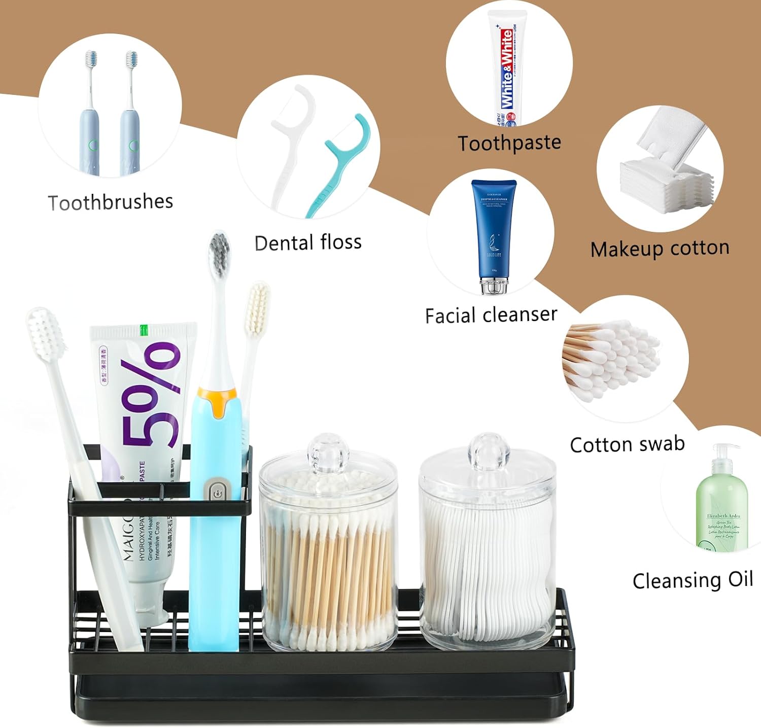 Sturdy 4 Slot Toothbrush Holder with 2 Cup Dispenser