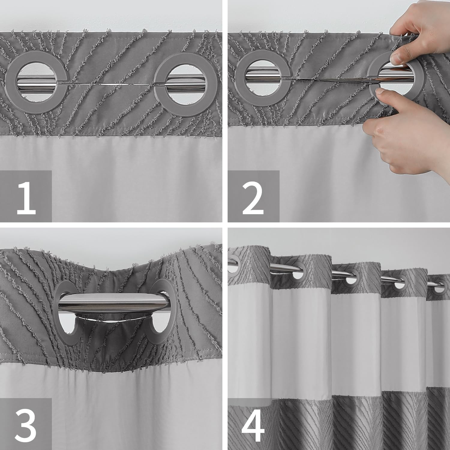 No Hook Boho Shower Curtain Set with Tufted Stripes and Waterproof Liner