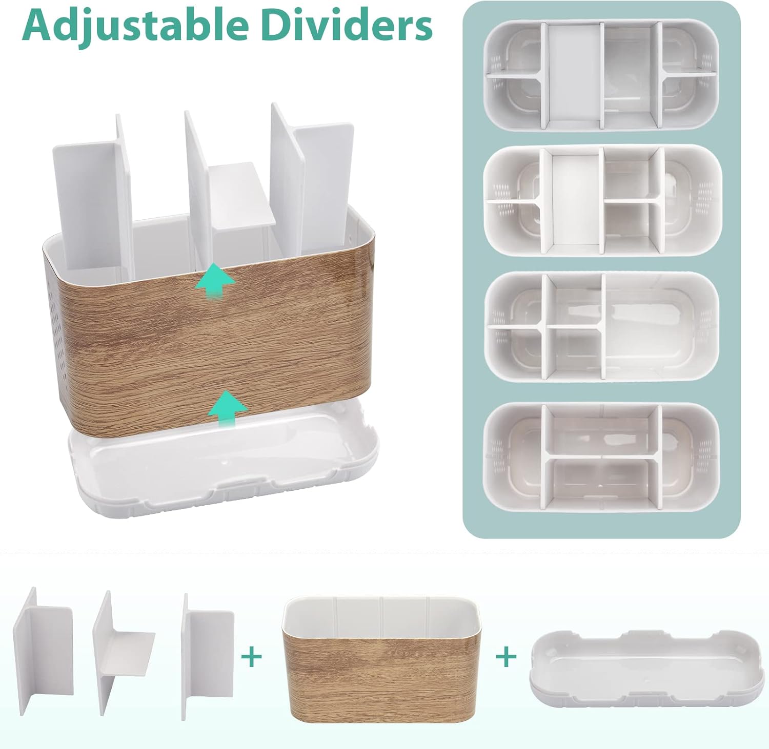 Boperzi Wood Grain Toothbrush Holder with Adjustable Dividers