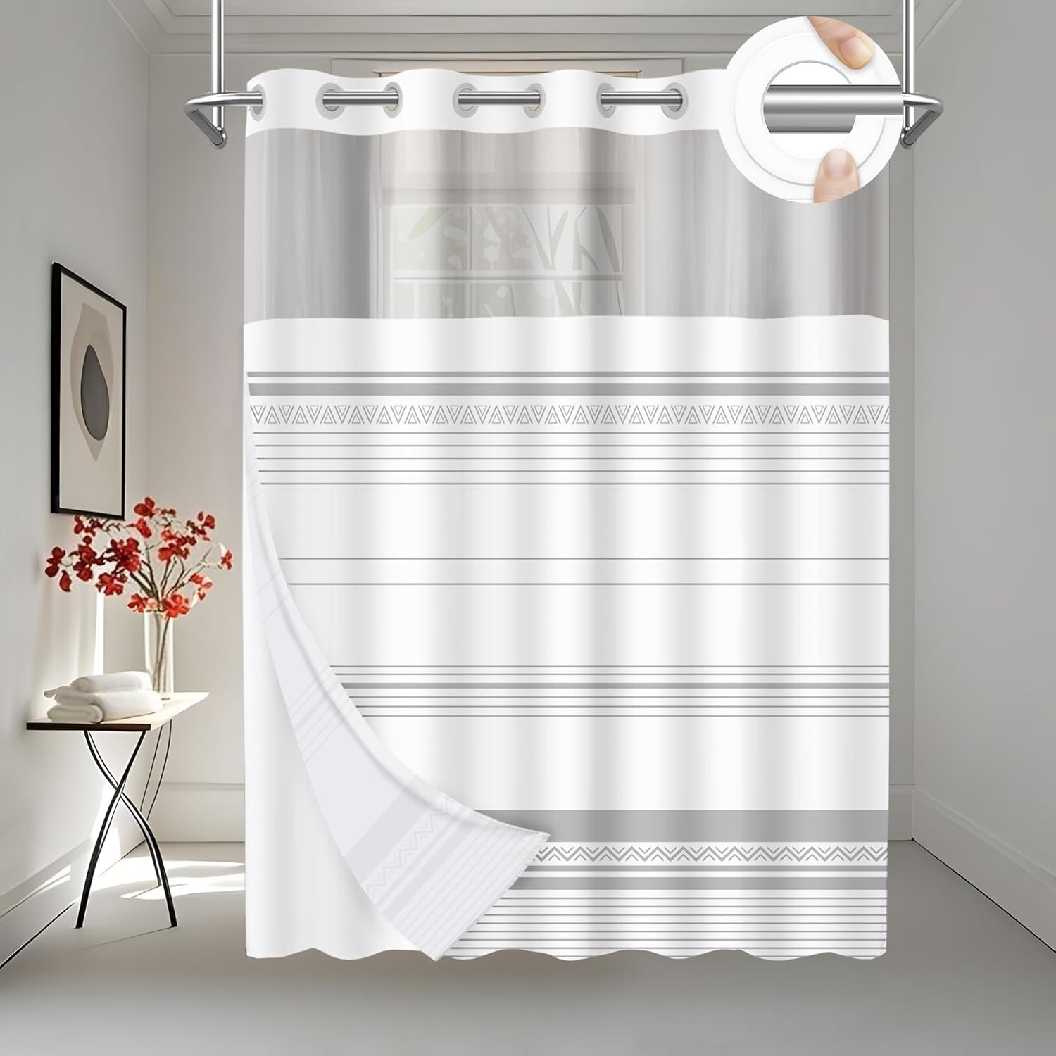 No Hook Shower Curtain Set with Snap Liner Modern Boho Grey Striped