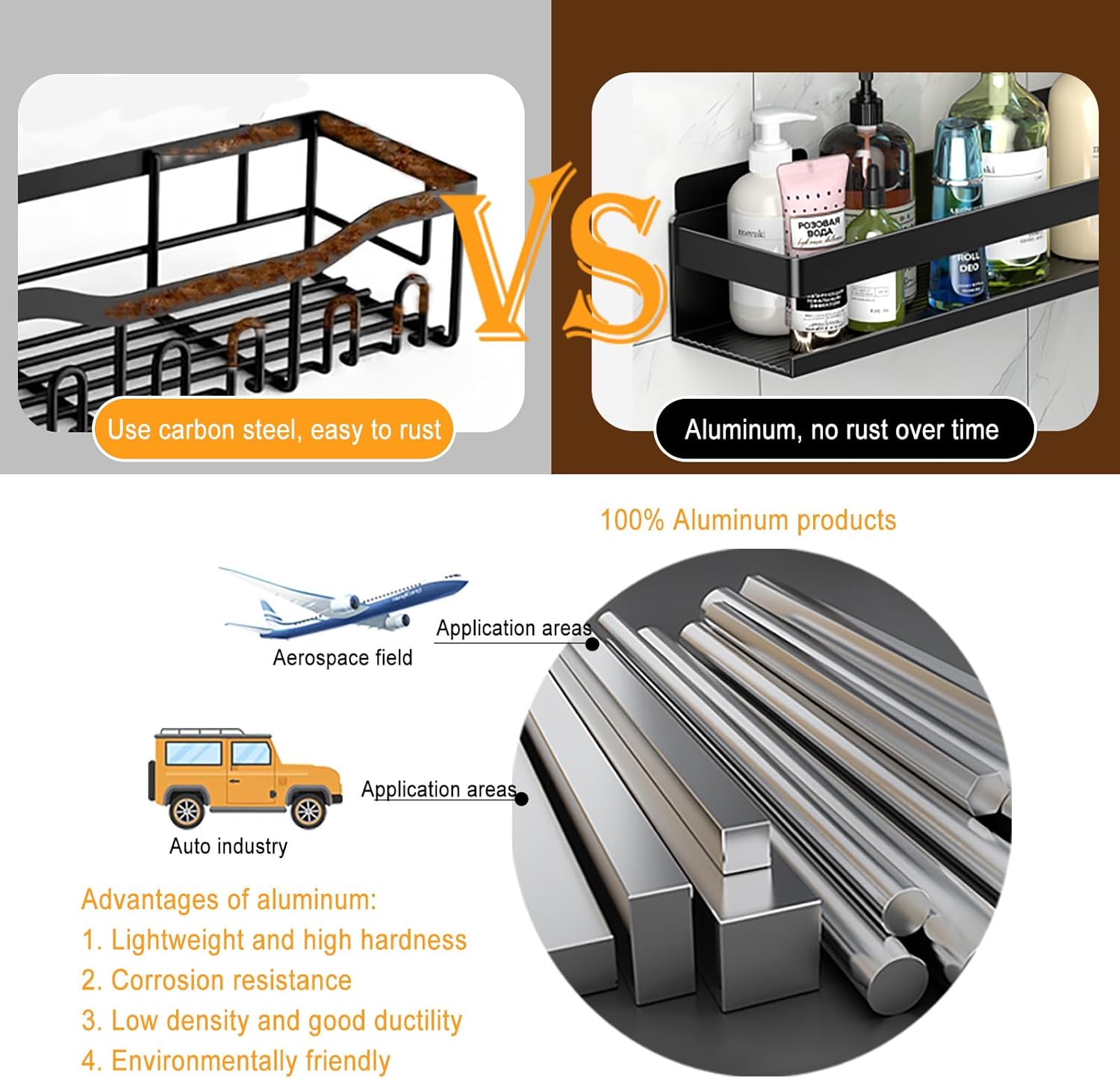 YESENT Shower Shelf 2 Pack - Rust Proof Aluminum Adhesive No Drilling Required