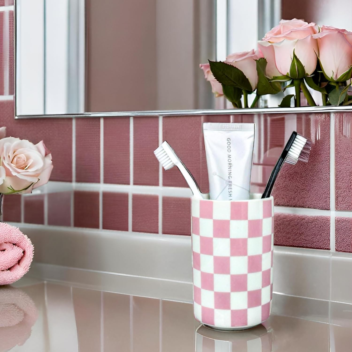 Pink Checkered Ceramic Toothbrush Holder Modern Bathroom Decor