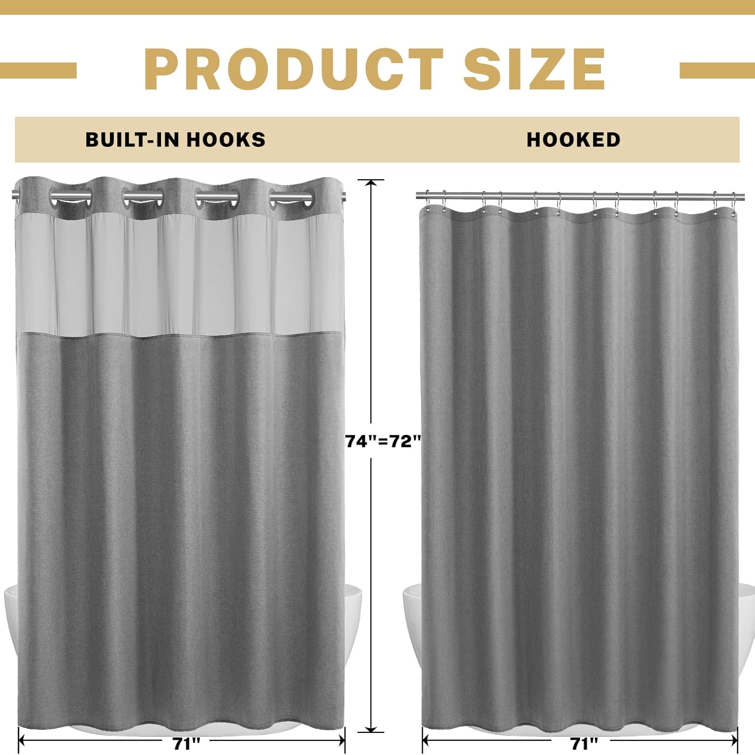 WONICY No Hook Shower Curtain Set with Liner Grey
