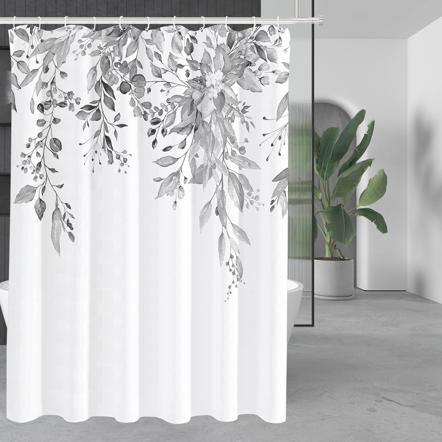 Tititex Grey Leaves Faux Linen Shower Curtain Set 72x72 with Hooks 1