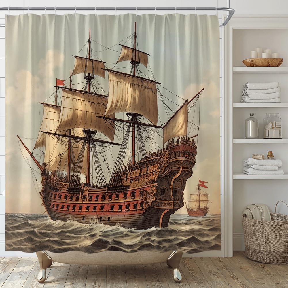 YSATNSFT Pirate Ship Shower Curtain Set with Hooks 70x70 Inch