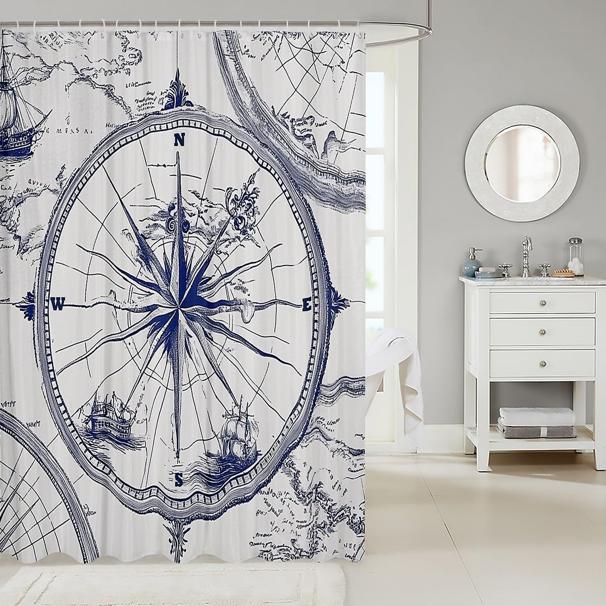 Feelyou Compass Print Shower Curtain Set 72x84