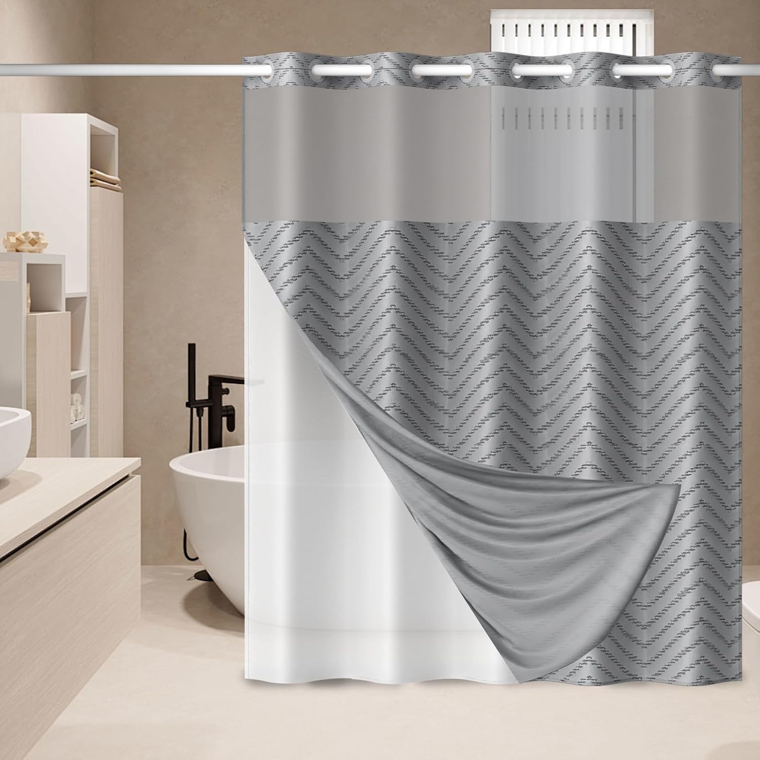 Aikku No Hook Shower Curtain Set Grey Chevron Striped