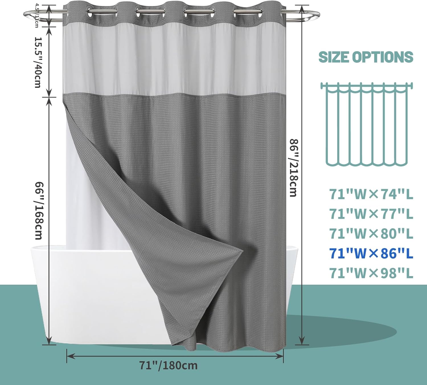 Grey Waffle Weave Shower Curtain Set with Snap-In Liner
