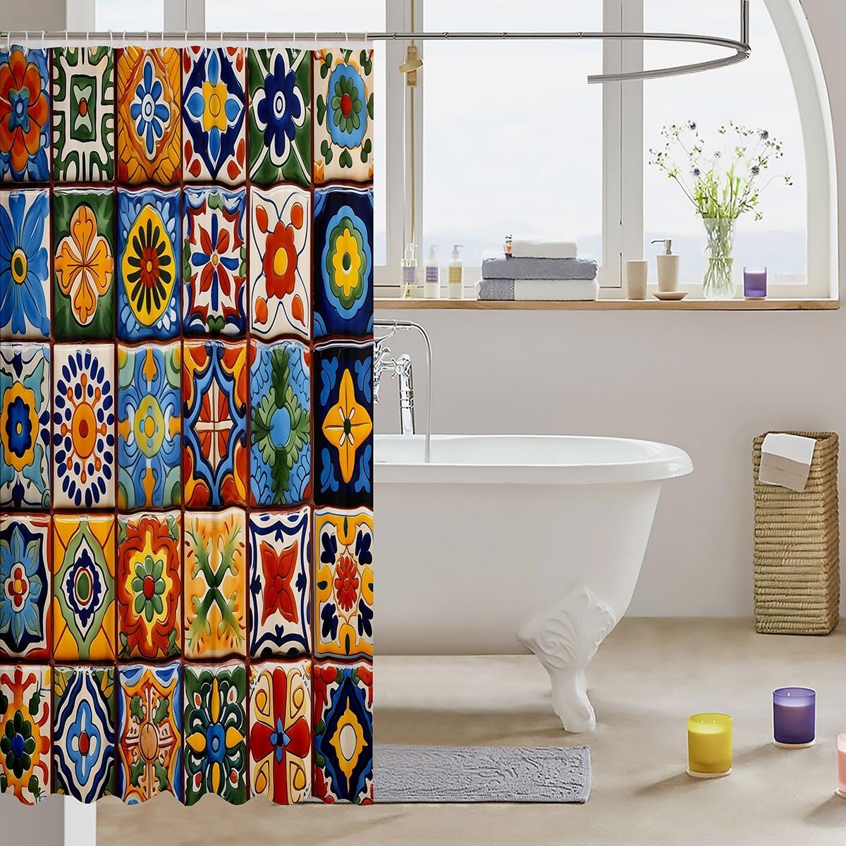 Erosebridal Mexican Talavera Style Shower Curtain Set with 15 Hooks