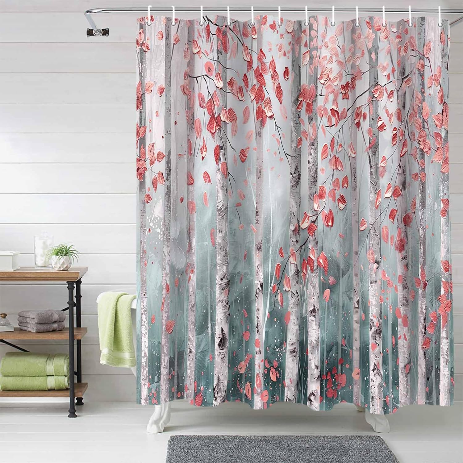 Funnywall88 72 Inch Branch Pink Leaves Art Shower Curtain Set with 12 Hooks