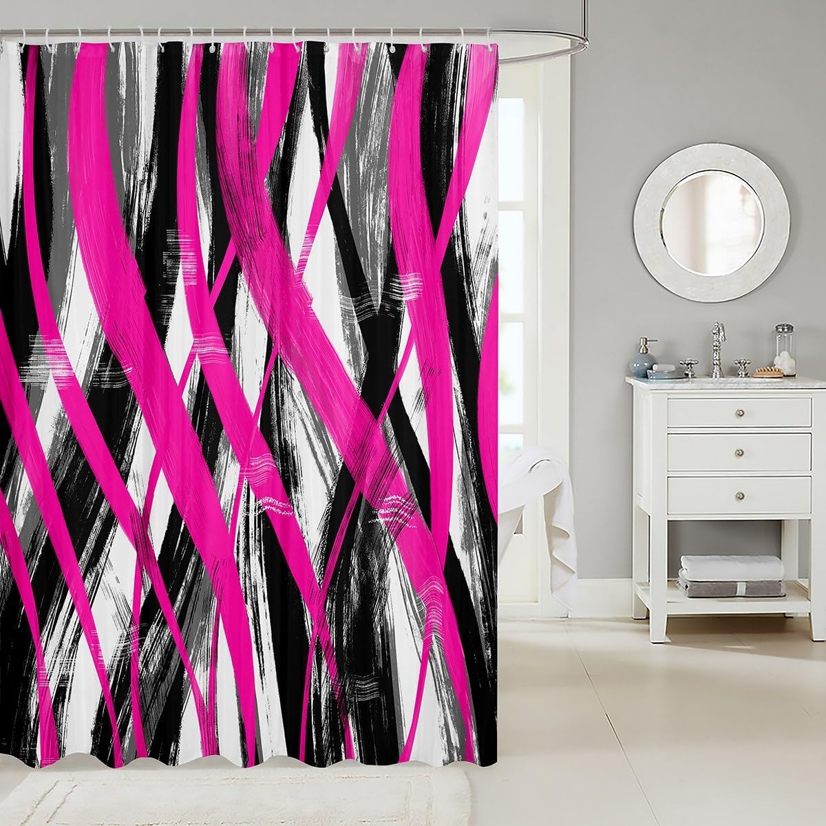 Feelyou 72x72 Hot Pink Black Stripes Shower Curtain Set