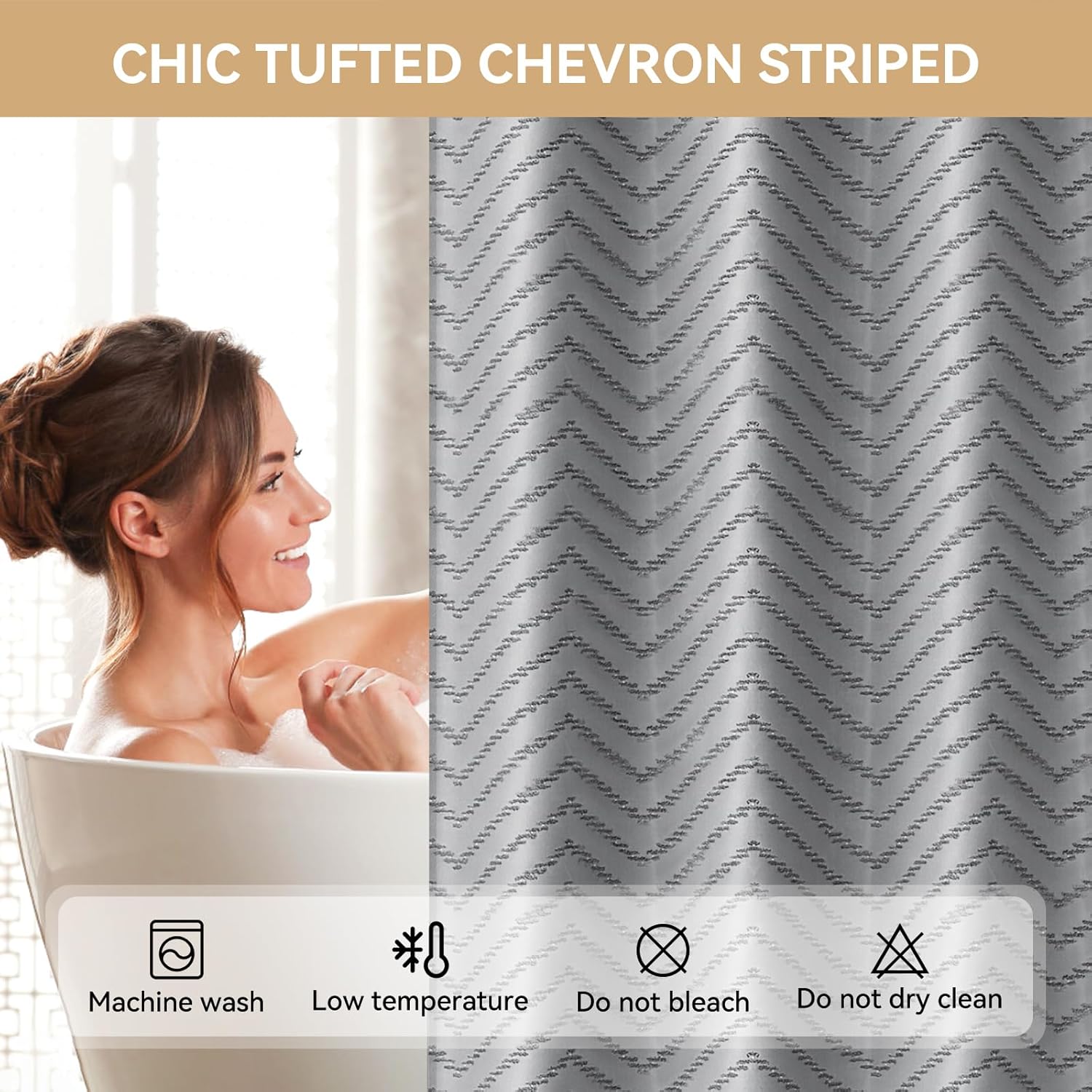 Aikku No Hook Shower Curtain Set Grey Chevron Striped