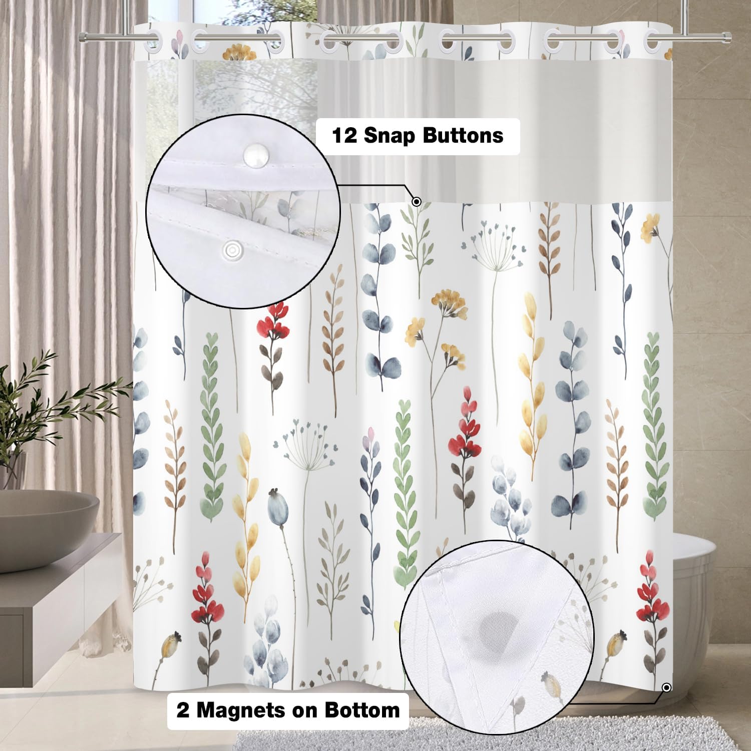 DASHAN Floral Shower Curtain with Snap-in Liner