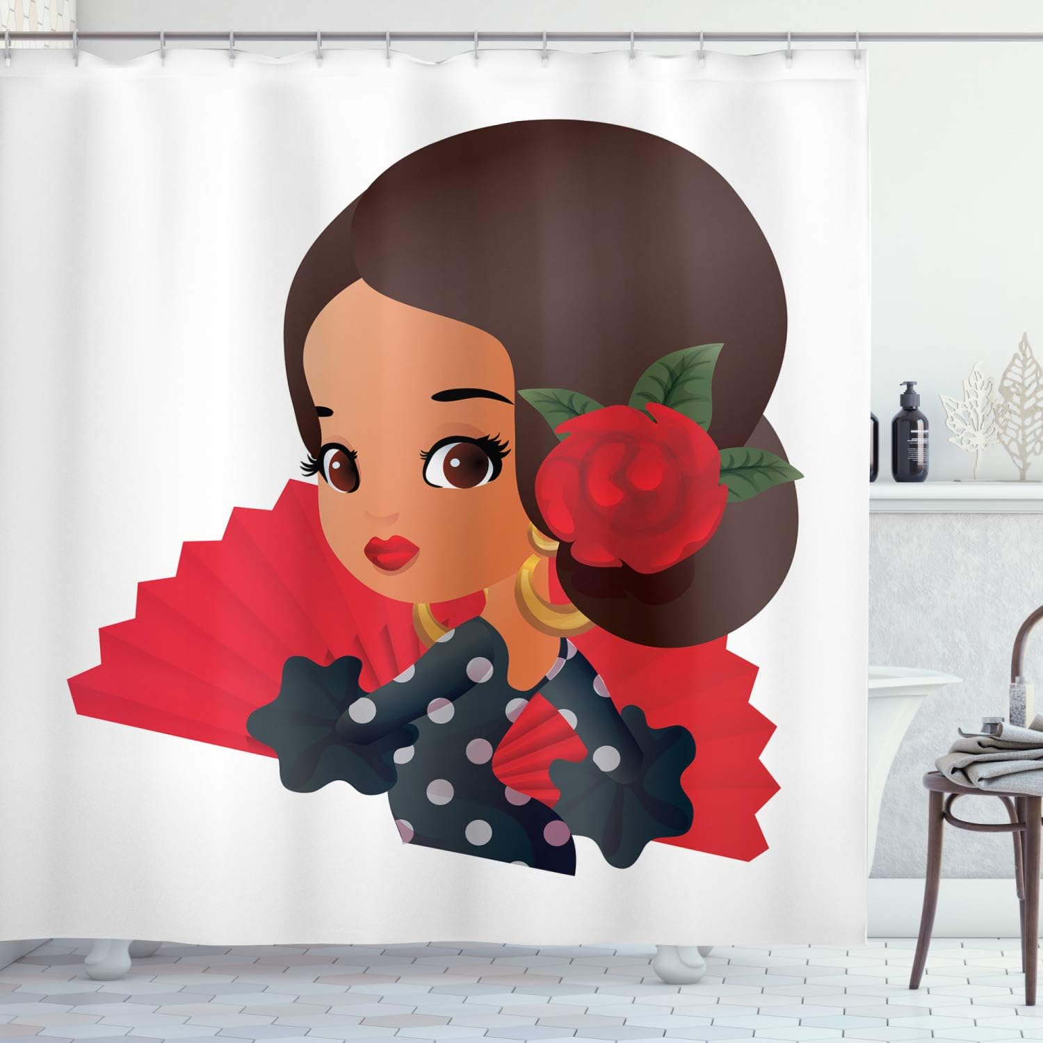 Ambesonne Spanish Shower Curtain with Chibi Flamenco Girl and Rose Design