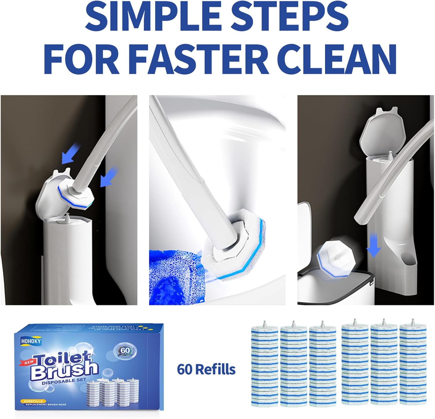 Hohoky 60pc Toilet Brush Refills 6 Groups of 10 Compatible with All Systems