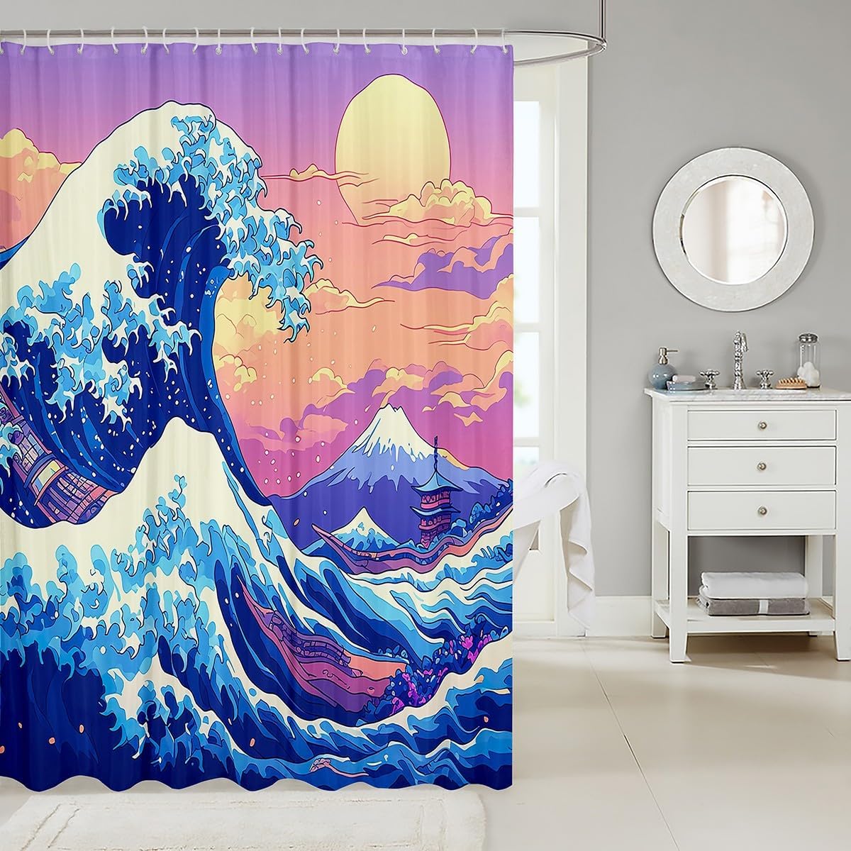Feelyou Japanese Wave Bath Curtain Set 72x72 Waterproof