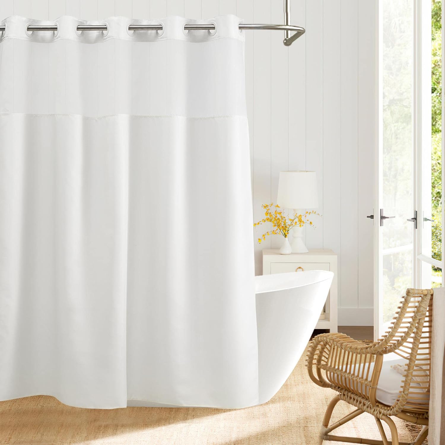 River Dream No Hooks Shower Curtain 71x74 White Fabric with Sheer Window