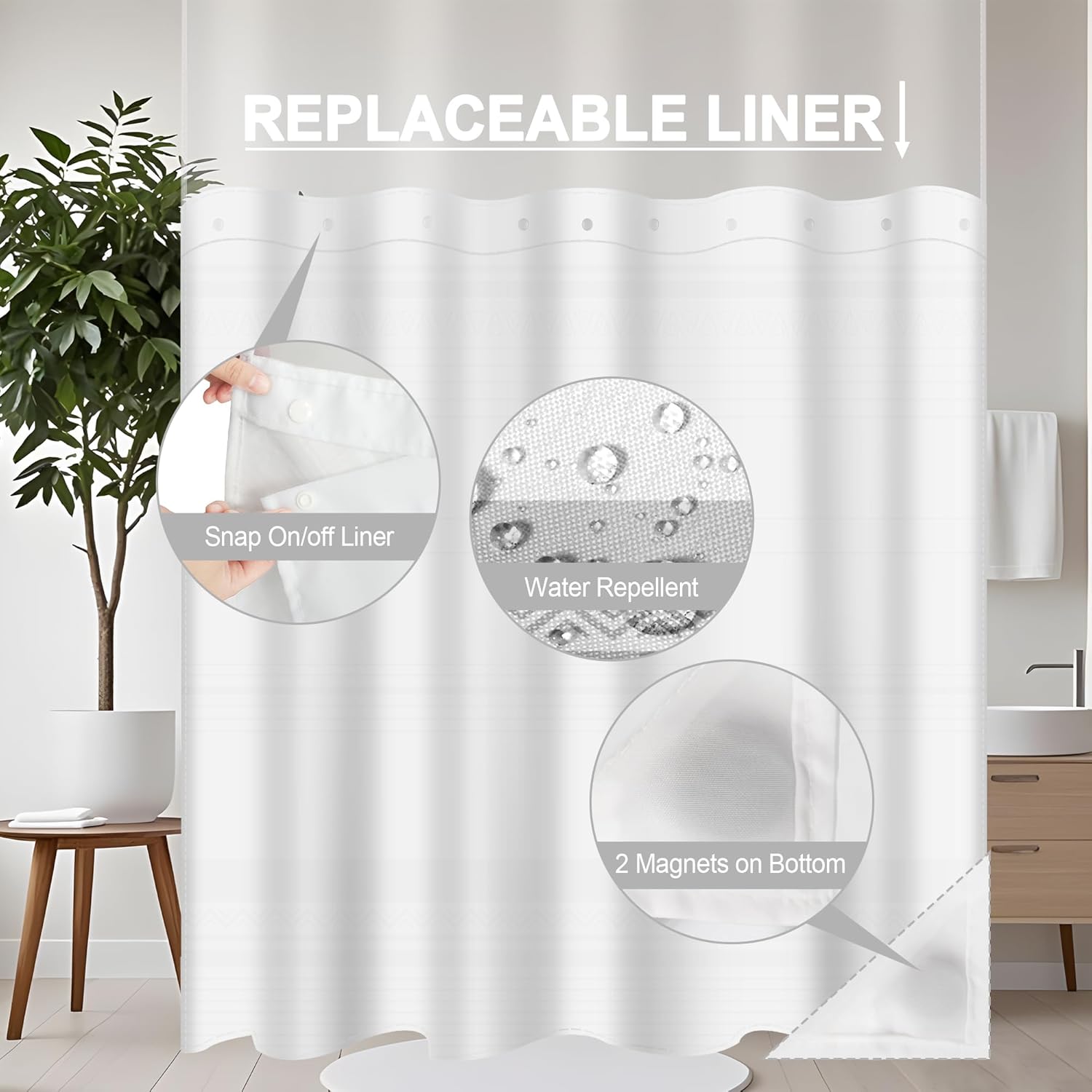 No Hook Shower Curtain Set with Snap Liner Modern Boho Grey Striped
