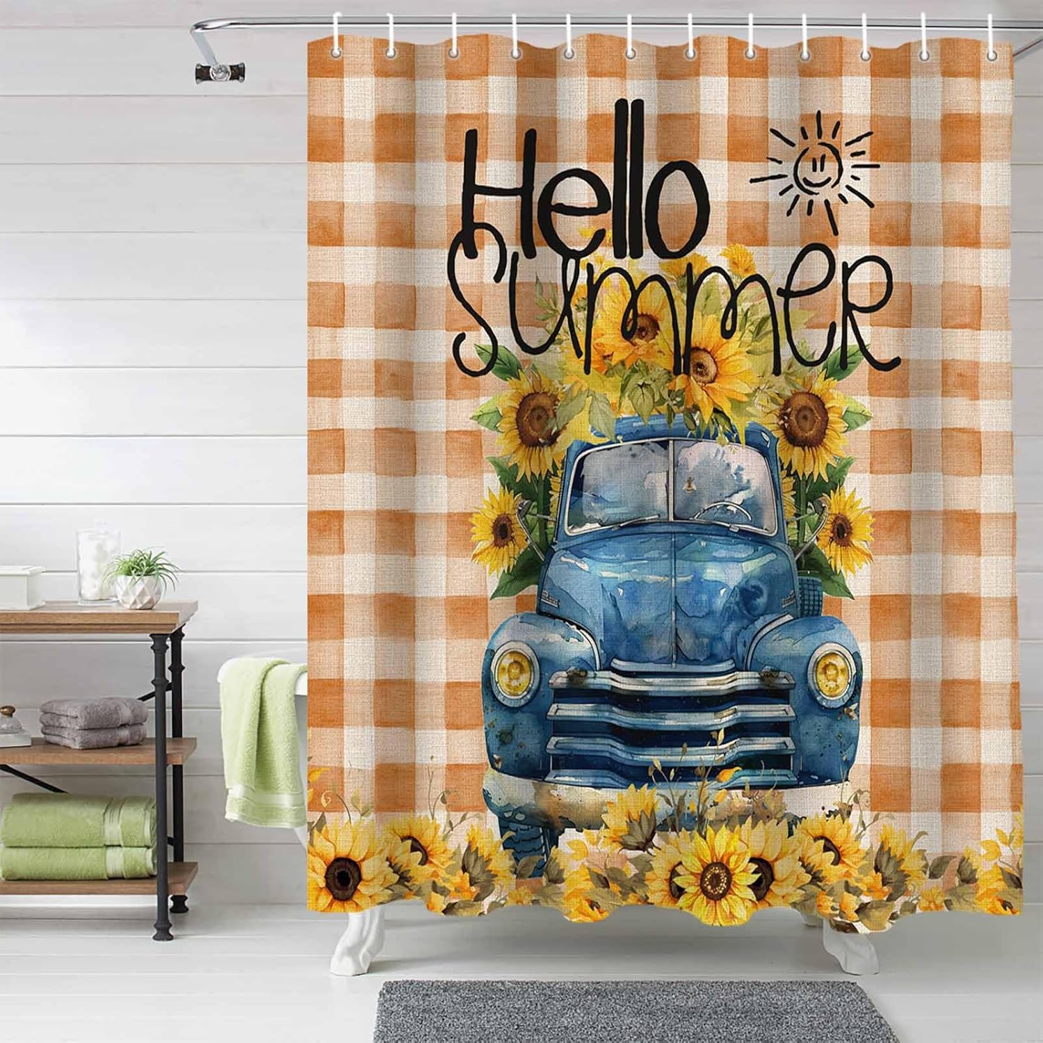 Funnywall88 72 Inches Sunflower Blue Buffalo Plaid Shower Curtain Set with 12 Hooks