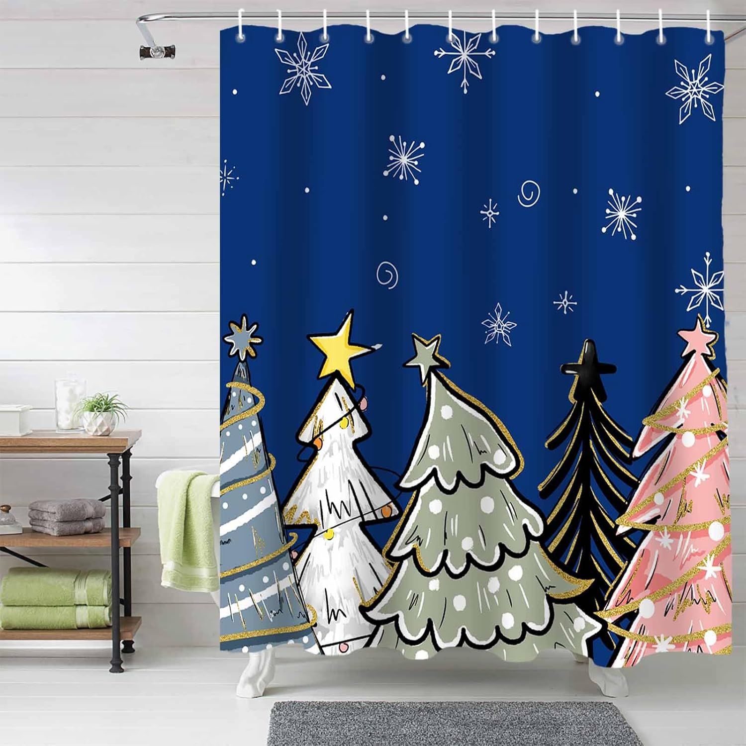 72 Inch Christmas Tree Shower Curtain Set with 12 Hooks