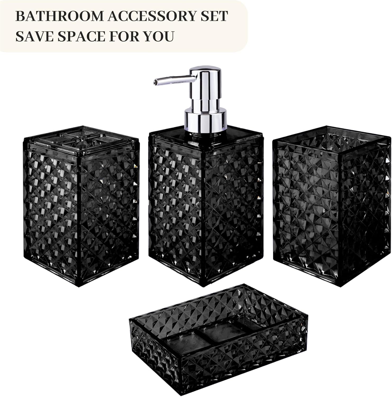 Modern Bathroom Accessory Set with Grid Pattern Black