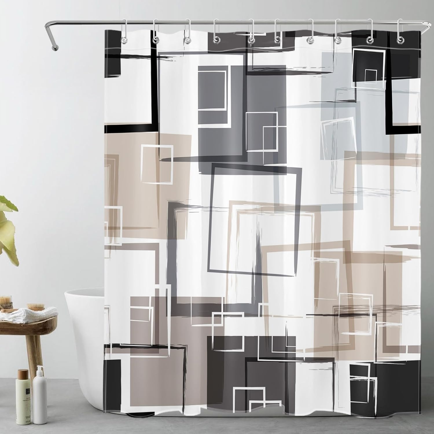 MEUNEAR Black and Tan Geometric Shower Curtain Set 1